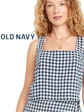 3X Old Navy Cotton Linen Blend Navy and White Gingham Square-Neck Cropped Tank